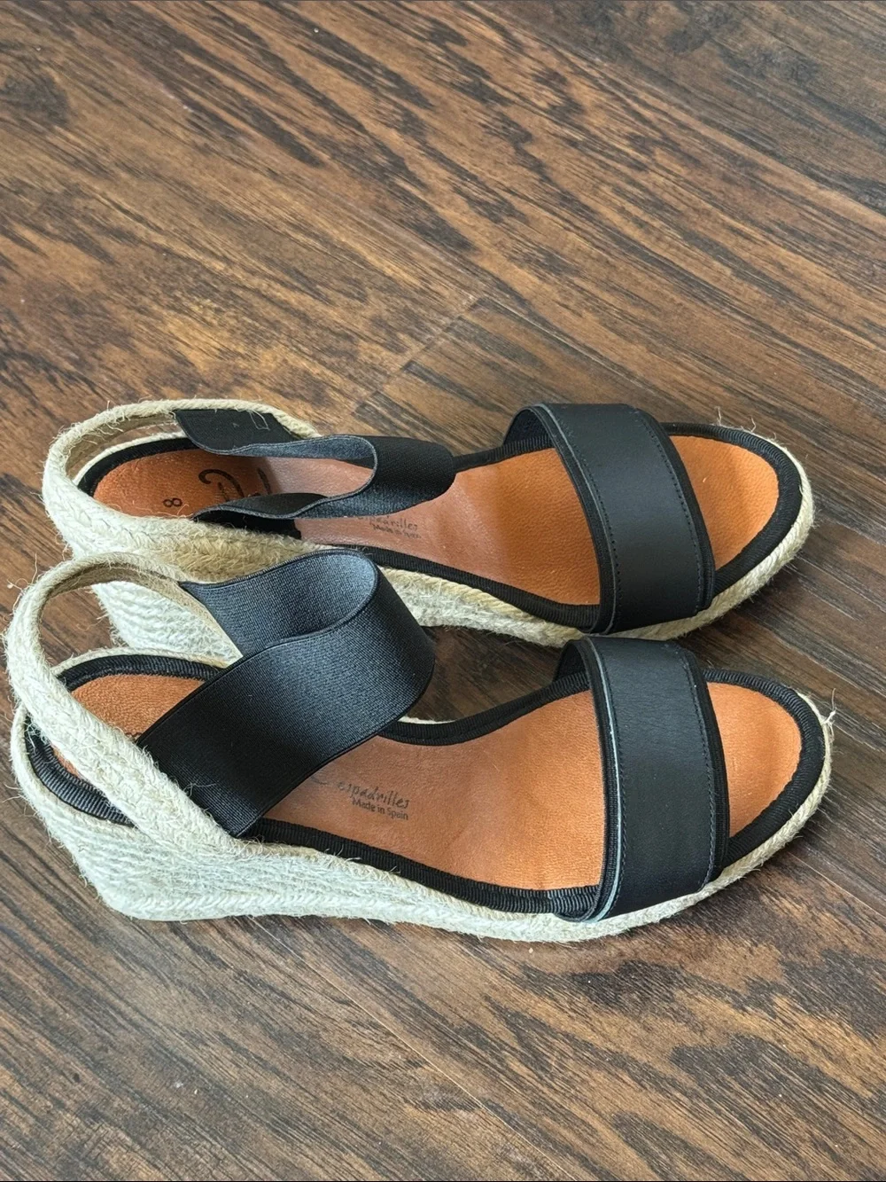 Dalton Black Leather and Tan Espadrille Slingback Sandals, Made in Spain